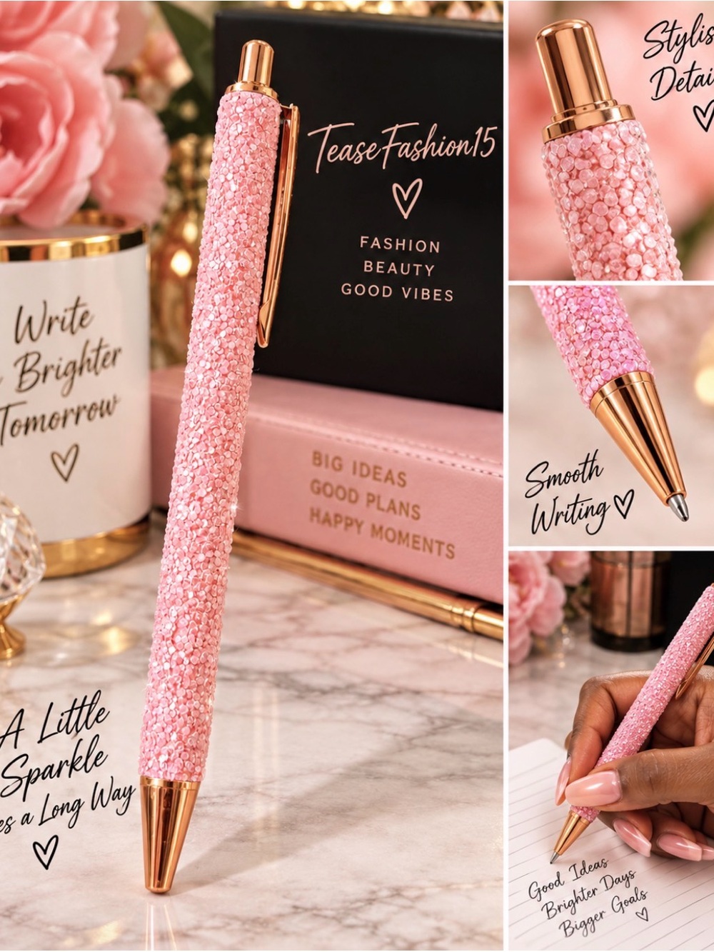 Sparkle Pink Crystal Ballpoint Pen with Rose Gold Accents